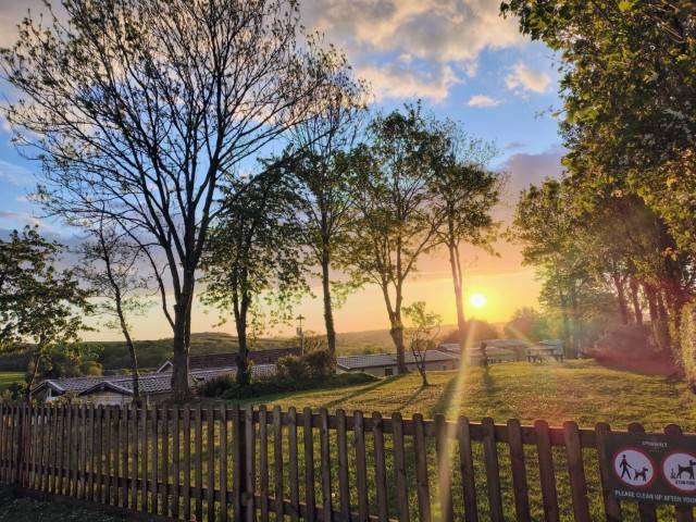 Sunset over the park seen from beside the dog exercise field